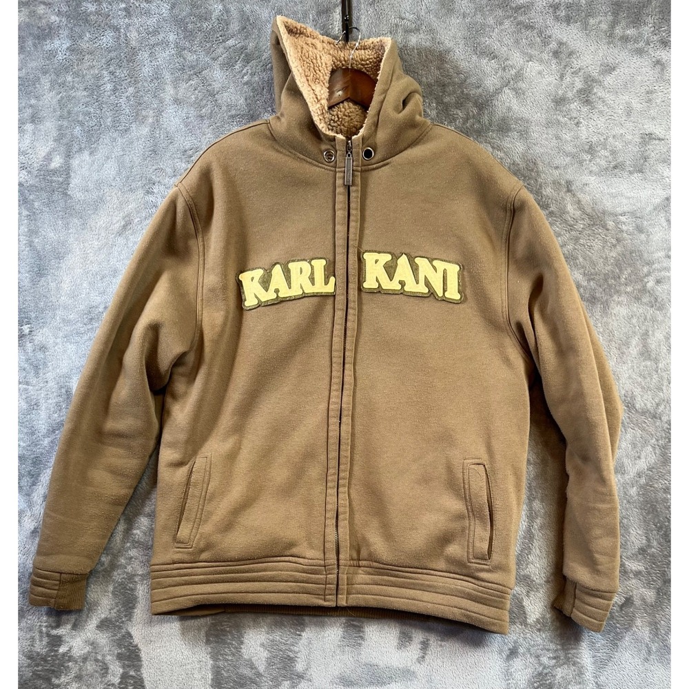 Karl Kani Hoodie Mens 2XL Brown Logo Sherpa Vintage 90's Y2K Streetwear Hip Hop